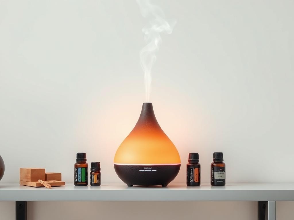 A high-resolution image of an elegant essential oil diffuser on a minimalist shelf, emitting a soft, colorful mist. The design is sleek and modern, surrounded by a few essential oil bottles. The background features soft, natural light to enhance the calming vibe.