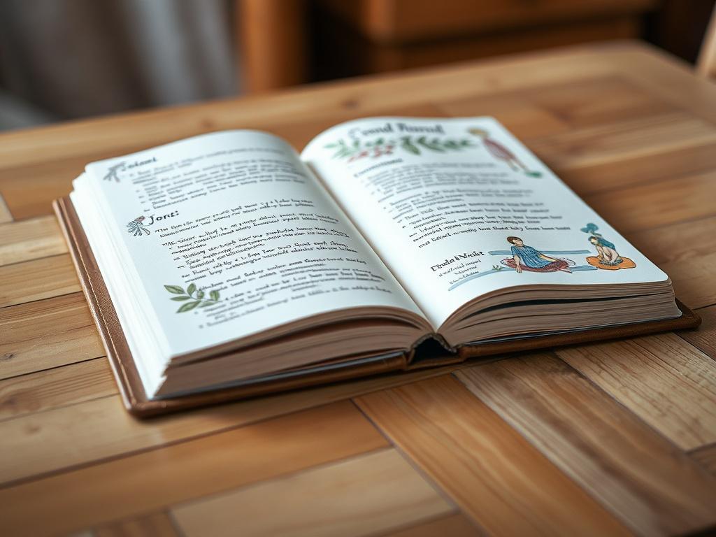 A close-up shot of a beautifully designed mindfulness journal with a textured cover, lying open on a wooden table. The pages feature elegant prompts and colorful illustrations. The background is softly blurred, highlighting the journal's details while maintaining a warm, inviting atmosphere.