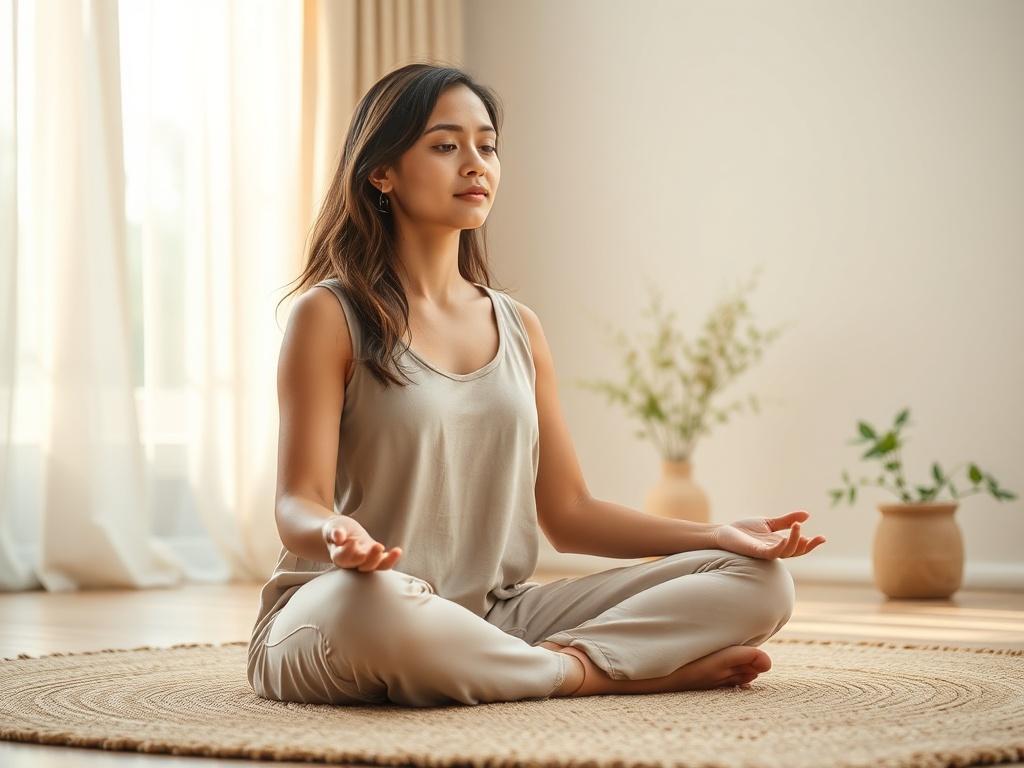 **Prompt for AI Image Generator:** 

Create a realistic high-resolution photograph that embodies the essence of "Unlocking Self-Mastery." The image should feature a serene individual engaged in a moment of deep reflection and meditation. The subject is a woman in her early 30s, sitting cross-legged on a soft, natural fiber rug within a minimalist, softly lit room. Her expression is one of tranquility and focus, conveying a sense of inner peace and self-discovery.

The background should be uncluttered and ca