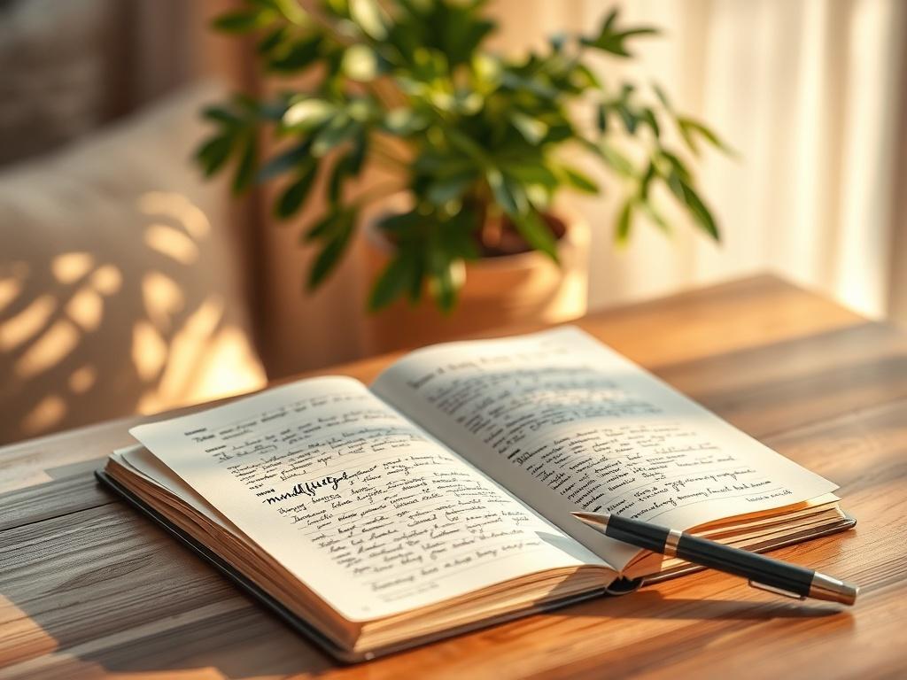 A realistic high-resolution photo of an open mindfulness journal on a cozy wooden table, surrounded by a soft golden light. The journal has handwritten notes and a pen resting beside it. In the background, a serene indoor plant adds a touch of nature, creating a calm and inviting atmosphere.