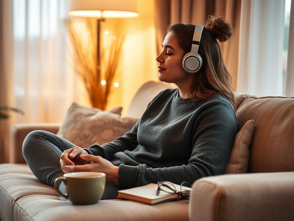 A realistic high-resolution photo featuring a person listening to guided meditations with headphones on a cozy couch. The setting is softly lit with warm golden hues, creating a peaceful atmosphere. A cup of herbal tea and a notebook are placed nearby, suggesting relaxation and mindfulness.