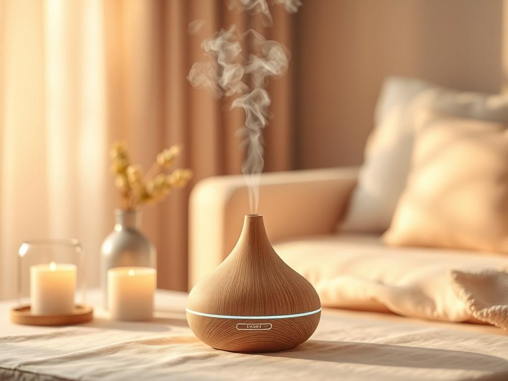 A realistic high-resolution photo of an aromatherapy diffuser emitting a gentle mist, set on a soft, golden-lit table. The background features calming decor elements such as candles and soft fabrics, enhancing the serene atmosphere. The diffuser's elegant design is highlighted, showcasing its modern aesthetic.