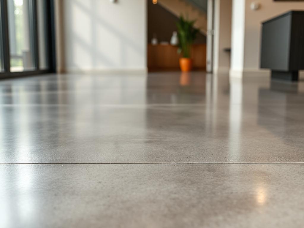 A close-up shot of a beautifully polished concrete floor in a contemporary setting, emphasizing its reflective surface and smooth texture. The image captures the subtle variations in color and sheen, with soft natural light enhancing the floor's elegance. The background is softly blurred to keep the focus on the flooring, creating a sophisticated and modern atmosphere. Captured with a 45mm f/1.2 lens, the image represents quality craftsmanship, compatible with the rgb(248, 140, 2) primary color.