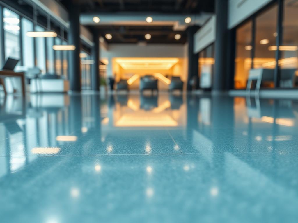 A close-up shot of a sleek, polished epoxy floor in a modern commercial setting, showcasing its glossy finish and vibrant color. The image focuses on the smooth texture and reflective surface, with a warm ambient light highlighting the edges. The background is subtly blurred to emphasize the flooring, creating a professional and inviting atmosphere. Captured with a 45mm f/1.2 lens, the image conveys quality and modernity, compatible with the rgb(248, 140, 2) primary color.