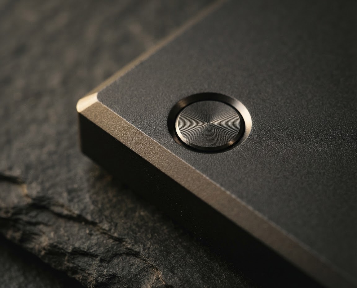 Close view of the precision-finished charcoal hardware wallet and tactile controls