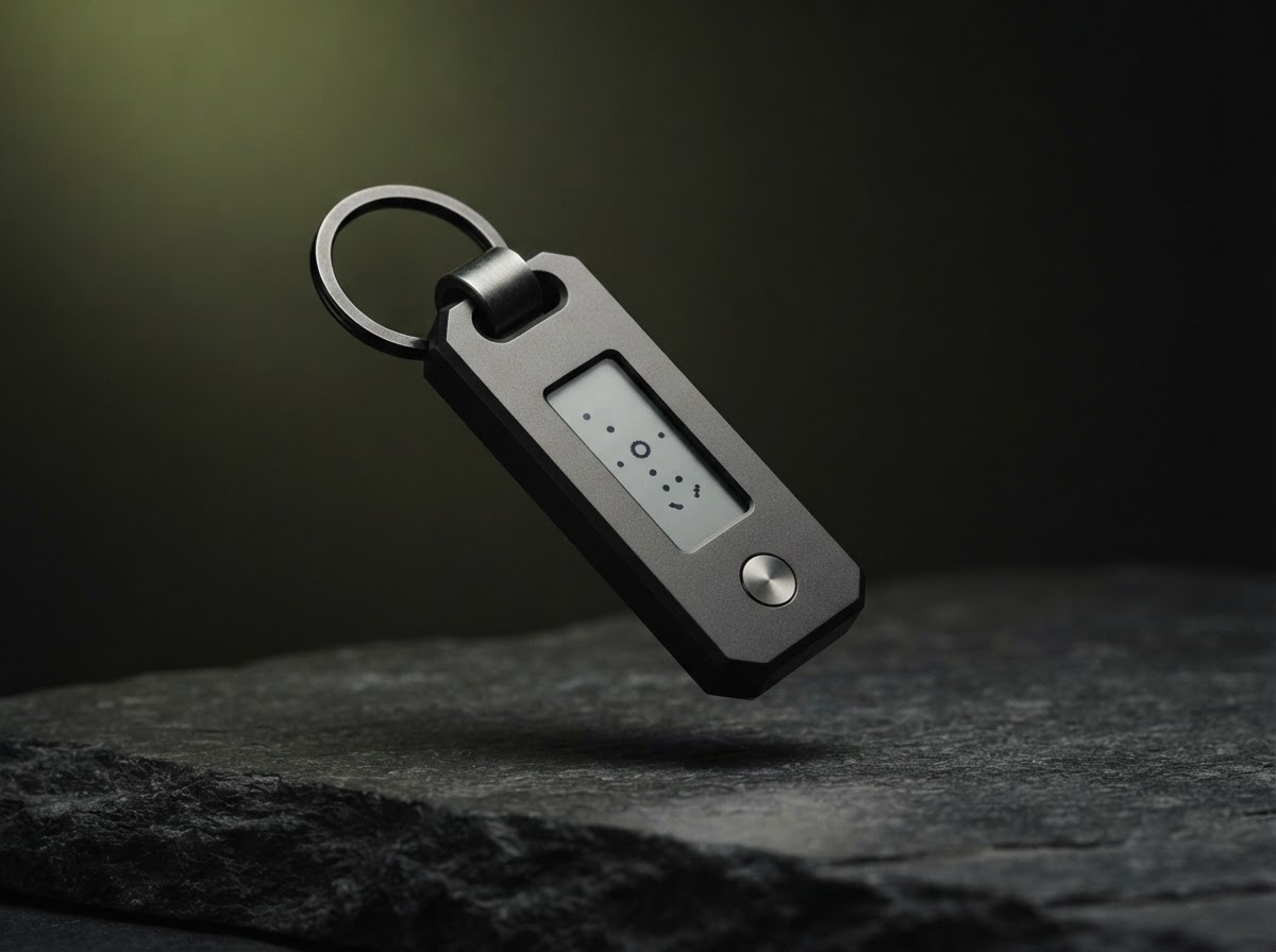 Compact graphite hardware wallet with a small display, illuminated in an understated studio setting