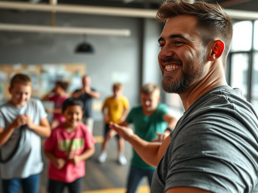 A close-up shot of a smiling instructor demonstrating parkour techniques to a group of kids in a training space. The background should show enthusiastic children practicing, highlighting the vibrant energy of the class. The image should be rendered in hyper-realistic detail, capturing the instructor's engaging teaching style.