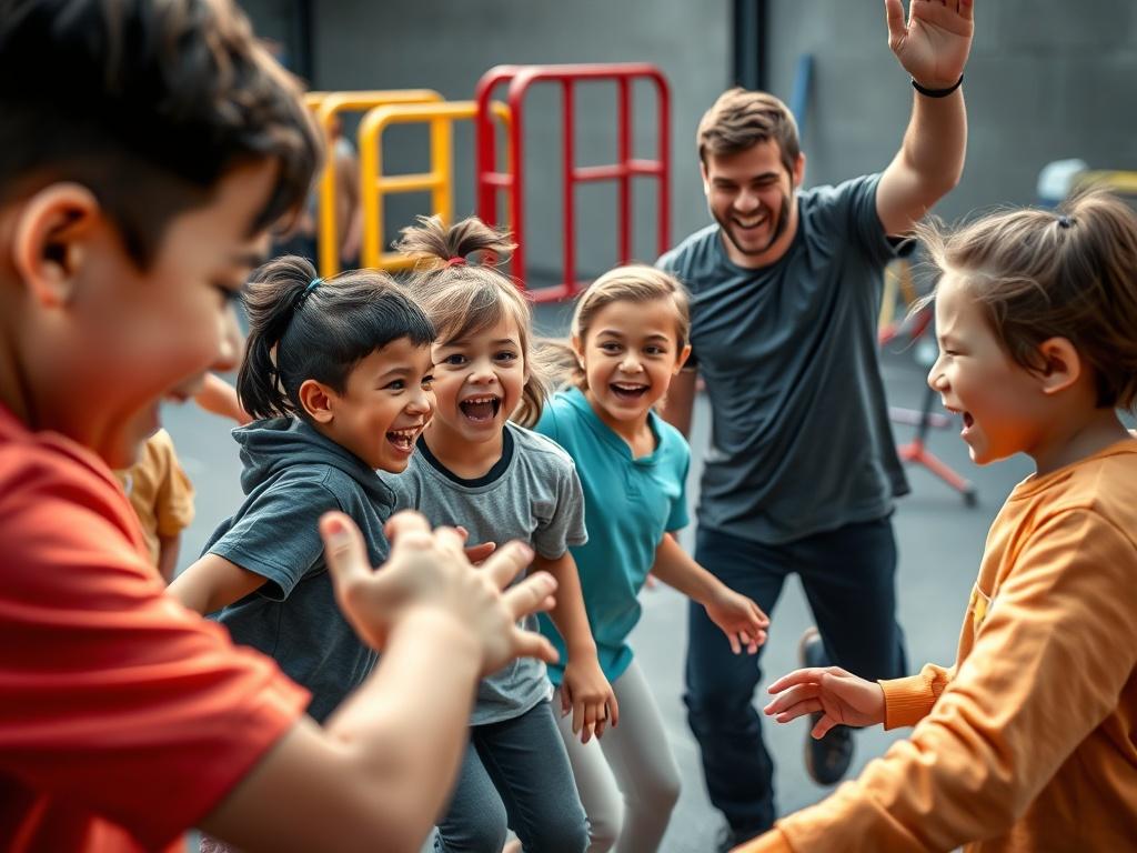 A high-energy close-up of a group of kids participating in a parkour class, showcasing their excitement and joy. The instructor is guiding them with enthusiasm, and colorful parkour obstacles are visible in the background. The image captures the dynamic movement and engagement of the children, reflecting a lively and positive atmosphere.