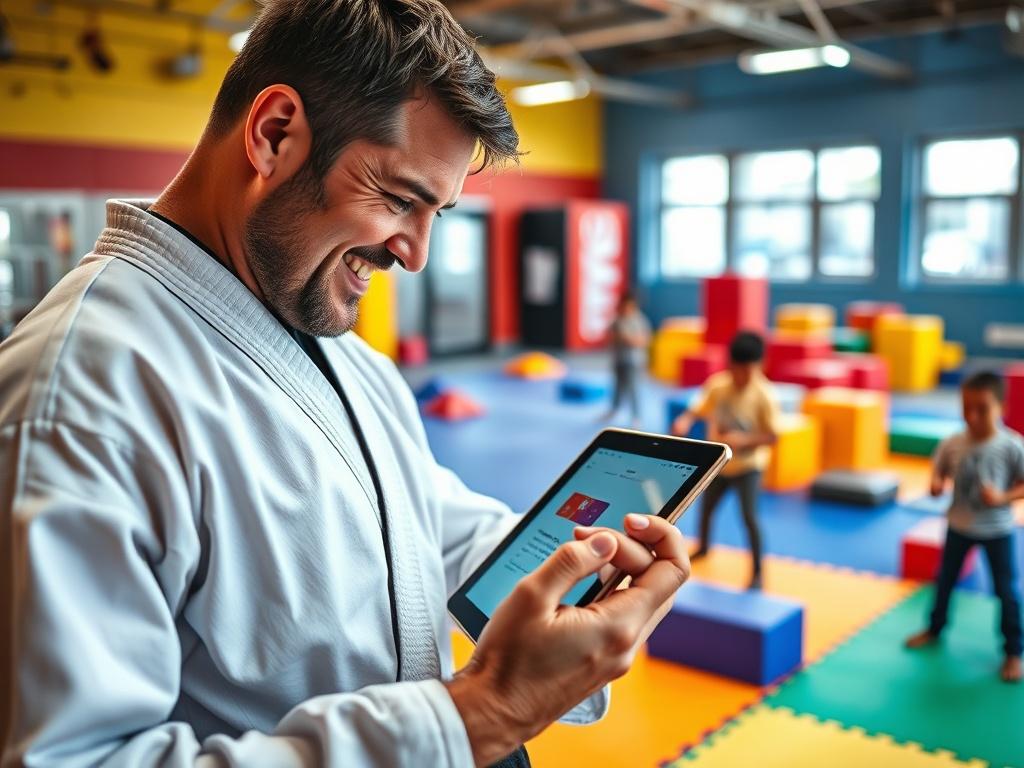 A close-up shot of a martial arts instructor using a digital tablet to access class plans for kids' parkour. The instructor is smiling and surrounded by children practicing parkour moves in a vibrant gym setting. The background is bright and colorful, showcasing parkour equipment like foam blocks and mats, with a focus on the instructor and the tablet.