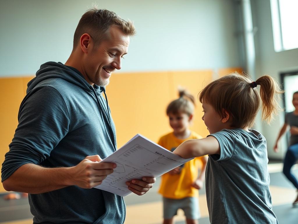 A close-up shot of a new instructor engaging with kids during a parkour class. The instructor is using a class plan from JumpPro Parkour, looking confident and enthusiastic. The children are actively participating, demonstrating parkour moves, with a bright and inviting gym environment in the background.