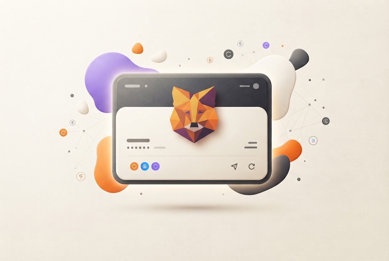 Illustration of a browser wallet card with abstract blockchain tokens and soft orange and violet accents