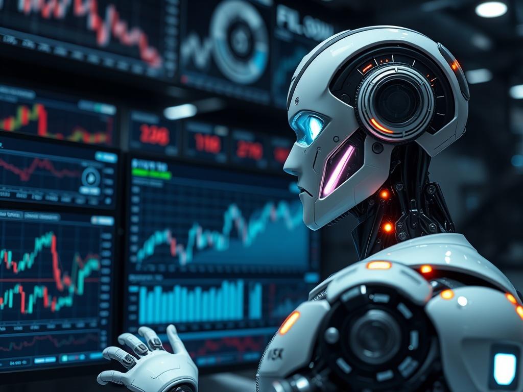 A hyper-realistic close-up shot of a robot analyzing trade data on a computer screen. The robot has a futuristic design, with glowing elements and intricate details. The background features a dark, high-tech environment with screens displaying graphs and charts, emphasizing a sense of advanced technology. The focus is on the robot's interface and the trade data being analyzed, showcasing its analytical capabilities.