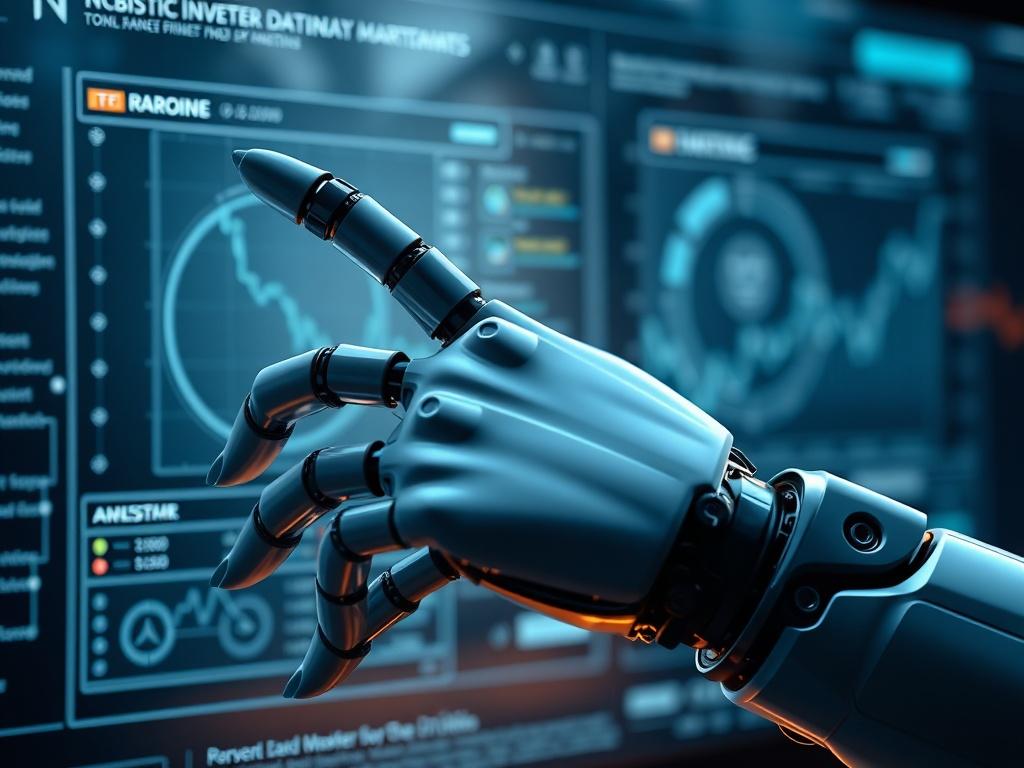 A realistic high-resolution photo of a sleek robotic hand interacting with a digital investment platform interface, showcasing a futuristic design. The background should be minimalistic and tech-inspired, focusing on the hand and the interface to highlight the integration of robotics and technology in investment strategies.