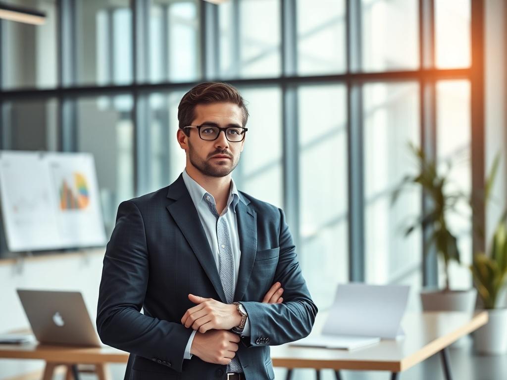 A professional business consultant, dressed in a sharp suit, stands confidently in a modern office environment. The background features a sleek desk with a laptop and corporate documents. The consultant is engaged in a discussion with an unseen client, emphasizing the importance of strategic intelligence. The lighting is bright and inviting, creating a sense of authority and trust. The image is a close-up shot, taken with a 45mm f/1.2 lens, showcasing the consultant's focused expression.