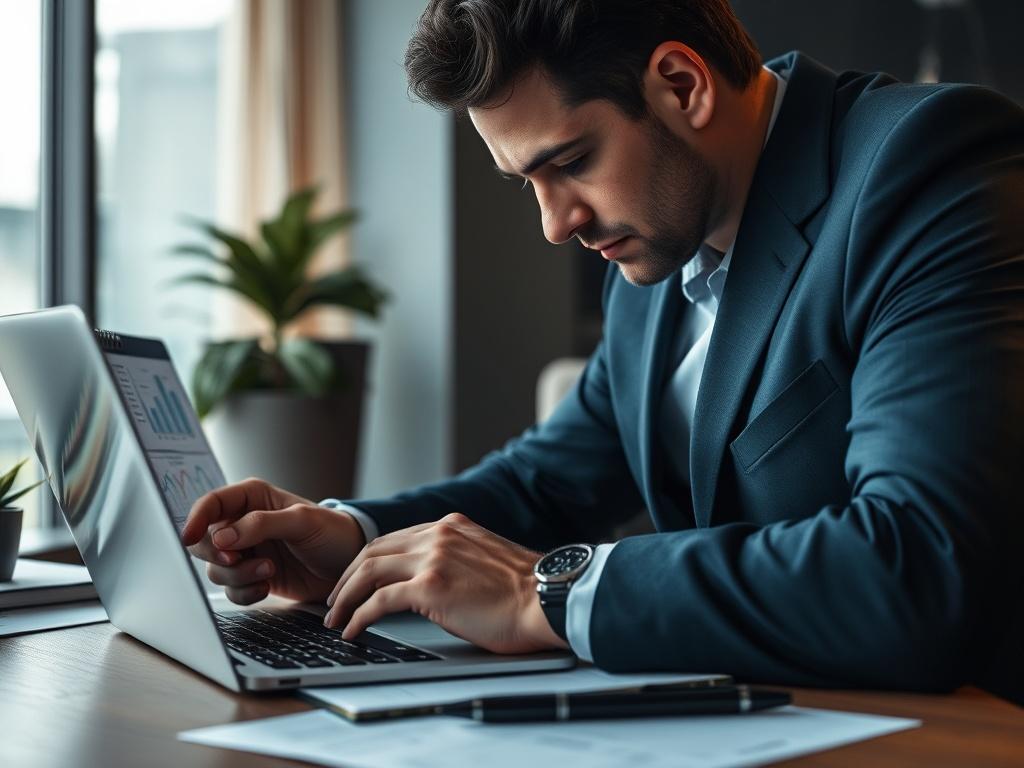 A highly detailed, hyper-realistic close-up shot of a professional investigator analyzing documents and digital evidence in a modern office setting. The investigator is focused on a laptop screen displaying complex data charts and legal documents, with a notepad and pen beside them. The background is blurred to emphasize the investigator's concentration, and the color palette features Deep Navy Blue and Charcoal Grey elements, creating a sophisticated and serious atmosphere.