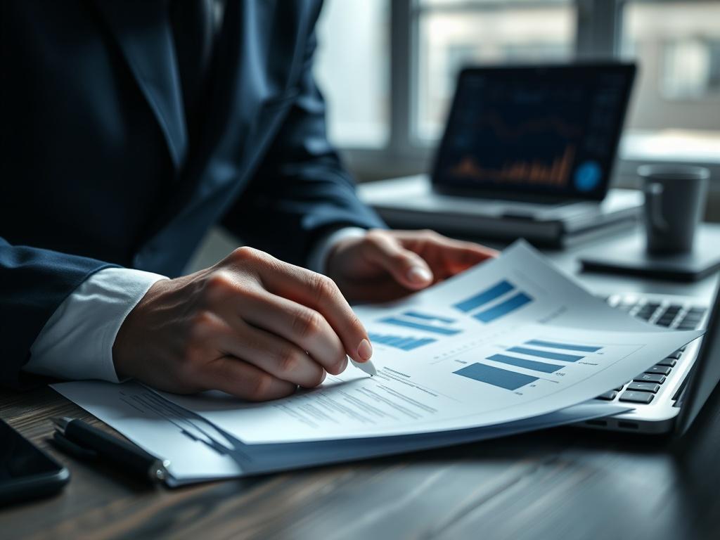 A close up shot of a professional investigator analyzing documents