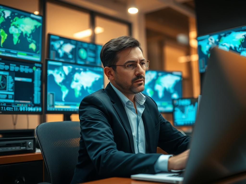 A focused close-up of a professional analyst working intently at a desk, surrounded by digital maps and data on screens. The background is subtly blurred to highlight the analyst's concentration. The setting conveys a high-tech, secure environment, with elements suggesting confidentiality and expertise, such as a locked file cabinet and a sophisticated computer setup. The lighting is warm and inviting, reflecting a serious yet modern corporate atmosphere.