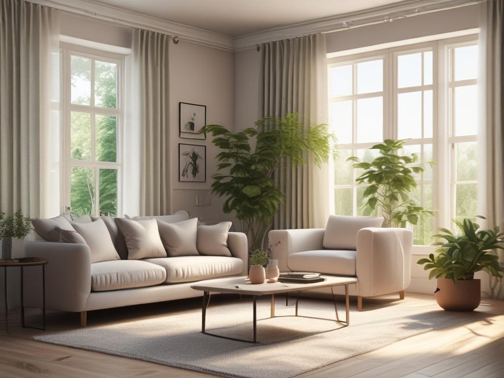 A serene, well organized living room with soft tones, natural