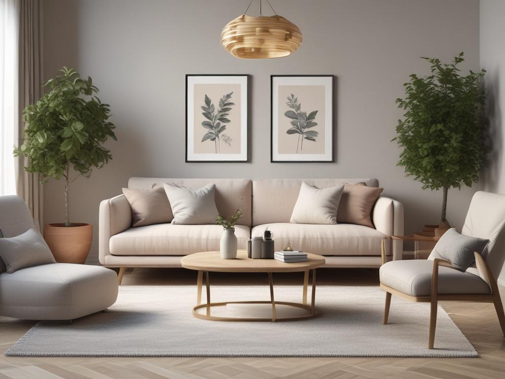 A spacious, beautifully organized living room with soft lighting and