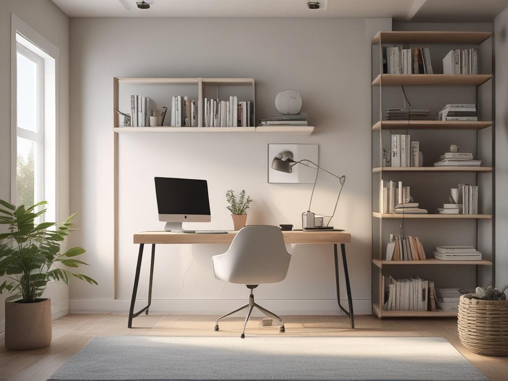 A serene, well styled home office with gentle lighting, soft