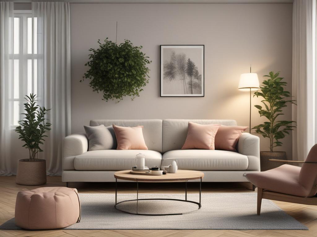 A cozy, decluttered living room with soft tones, gentle lighting,