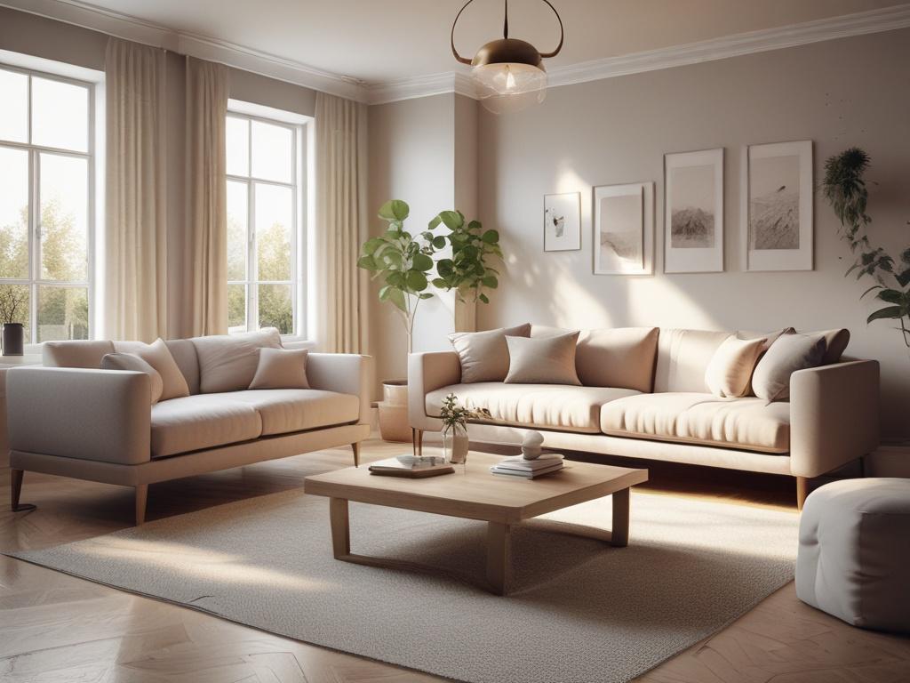 a serene living room with minimal furniture, soft natural lighting,