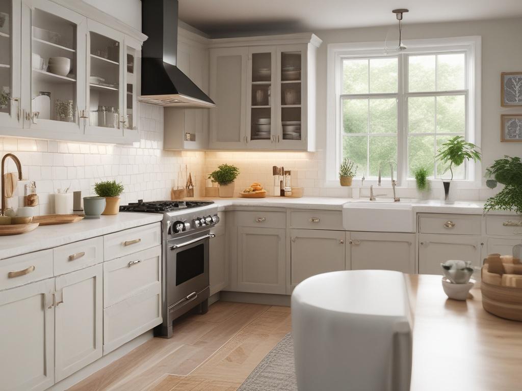 a clean kitchen with sparkling countertops, soft natural lighting, and