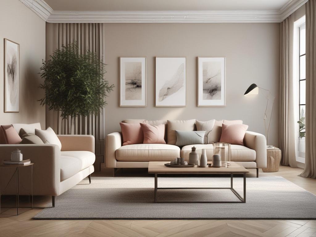 a beautifully styled living room with elegant decor, soft lighting,