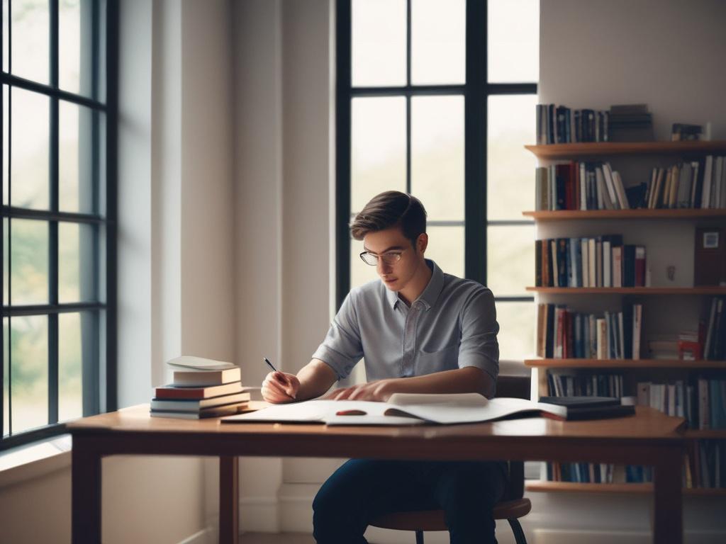 a focused student sitting at a clean desk with books