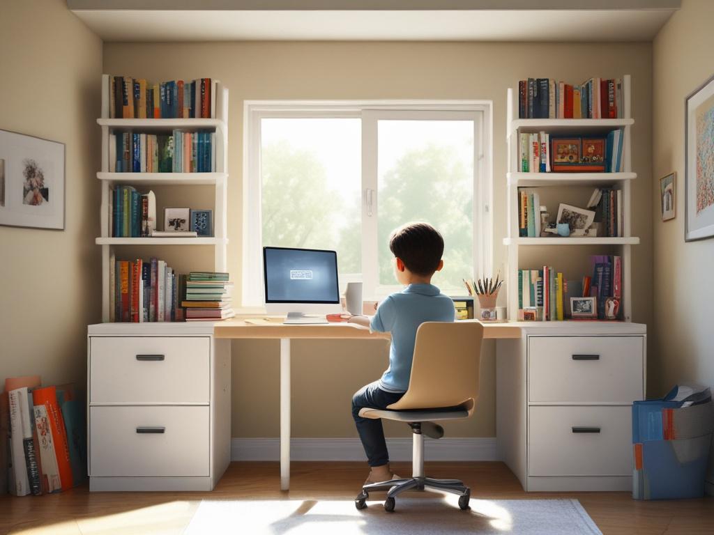 A child happily studying at a desk with books and
