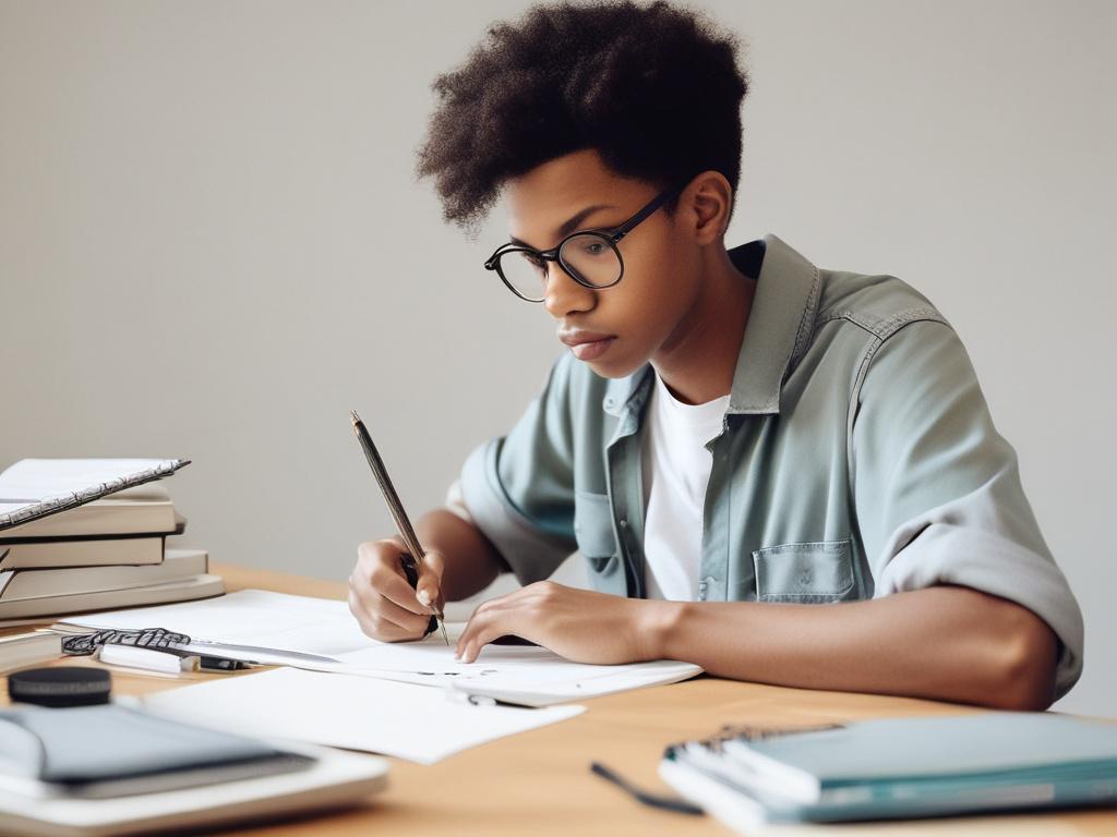 A student sitting at a desk with notebooks and a