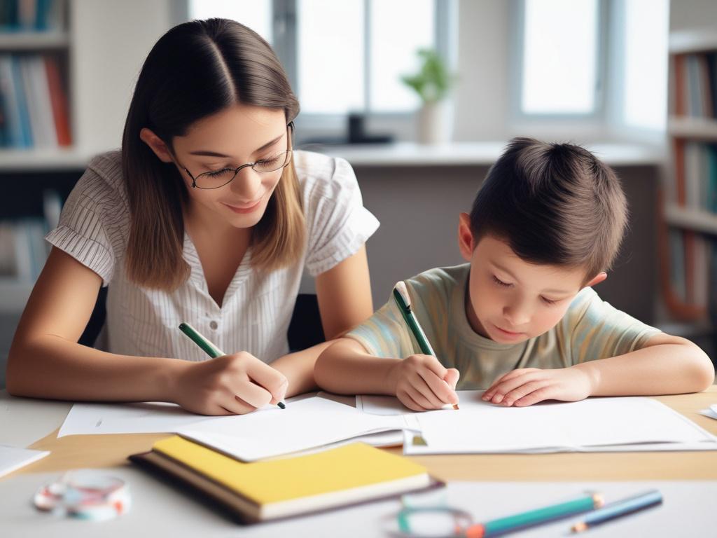 a focused tutor helping a young student with homework, minimalistic