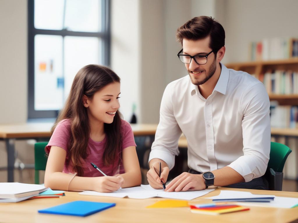 a young student receiving tutoring from an enthusiastic teacher, minimalistic