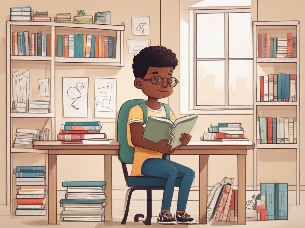 A bright, minimalistic study space with a child focused on homework, surrounded by neatly organized books, stationery, and a laptop. The background is simple and clean, emphasizing the child and the learning environment.