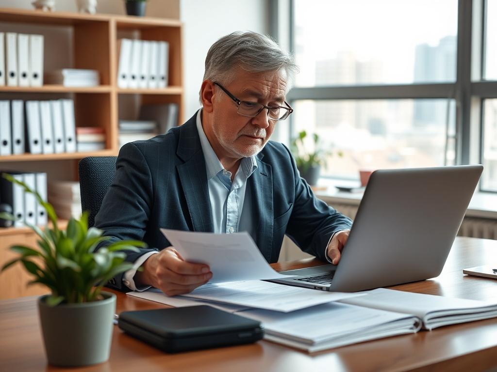 A realistic high-resolution photo of a condominium administrator working in an office environment. The scene should feature a professional desk with a laptop, paperwork, and a potted plant. The administrator, a middle-aged person, is engaged in reviewing documents with a focused expression. The background should include shelves with books and a window offering a glimpse of a city view. The lighting should be bright and inviting, reflecting a productive work atmosphere.