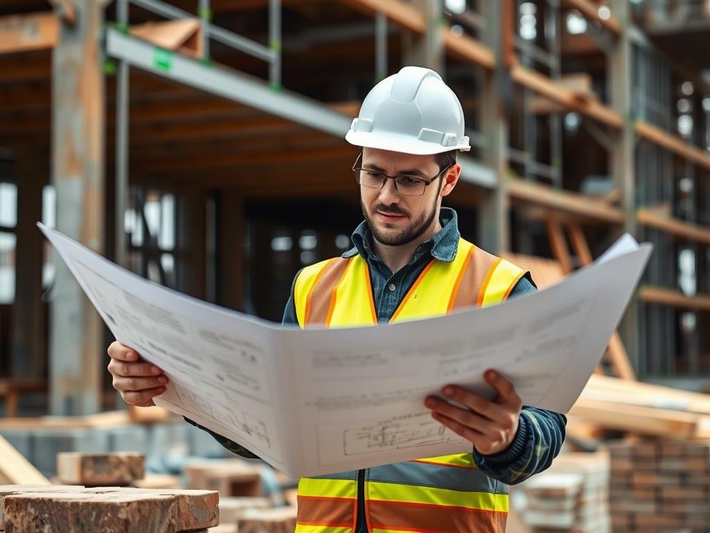 A high-resolution close-up shot of a construction worker reviewing blueprints at a construction site. The worker is focused, wearing a hard hat and safety vest, surrounded by construction materials like bricks and wood. The background shows scaffolding and a partially built structure, emphasizing the construction theme. The image should have vibrant colors with a focus on green accents to match the primary color of the website, rgb(50, 170, 39).