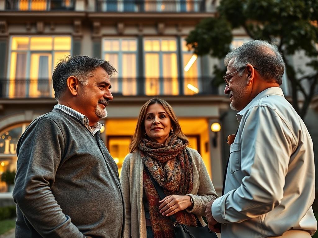 Un gruppo di persone, proprietari di appartamenti, si trova di fronte a un elegante palazzo in un contesto urbano. L'immagine mostra un'interazione vivace tra i proprietari, che discutono tra loro con espressioni di soddisfazione e interesse. Sullo sfondo si può vedere un palazzo moderno con finestre luminose e dettagli architettonici affascinanti. La scena è illuminata da una luce naturale calda, creando un'atmosfera accogliente e invitante.