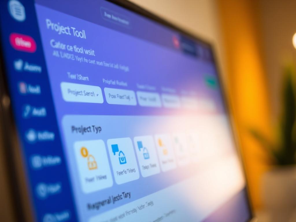 A close-up shot of a computer screen displaying a user-friendly interface for a project search tool. The screen shows various filters like geographical location and project type, with vibrant colors and clear icons. The background is softly blurred to emphasize the screen, creating a professional and engaging atmosphere.