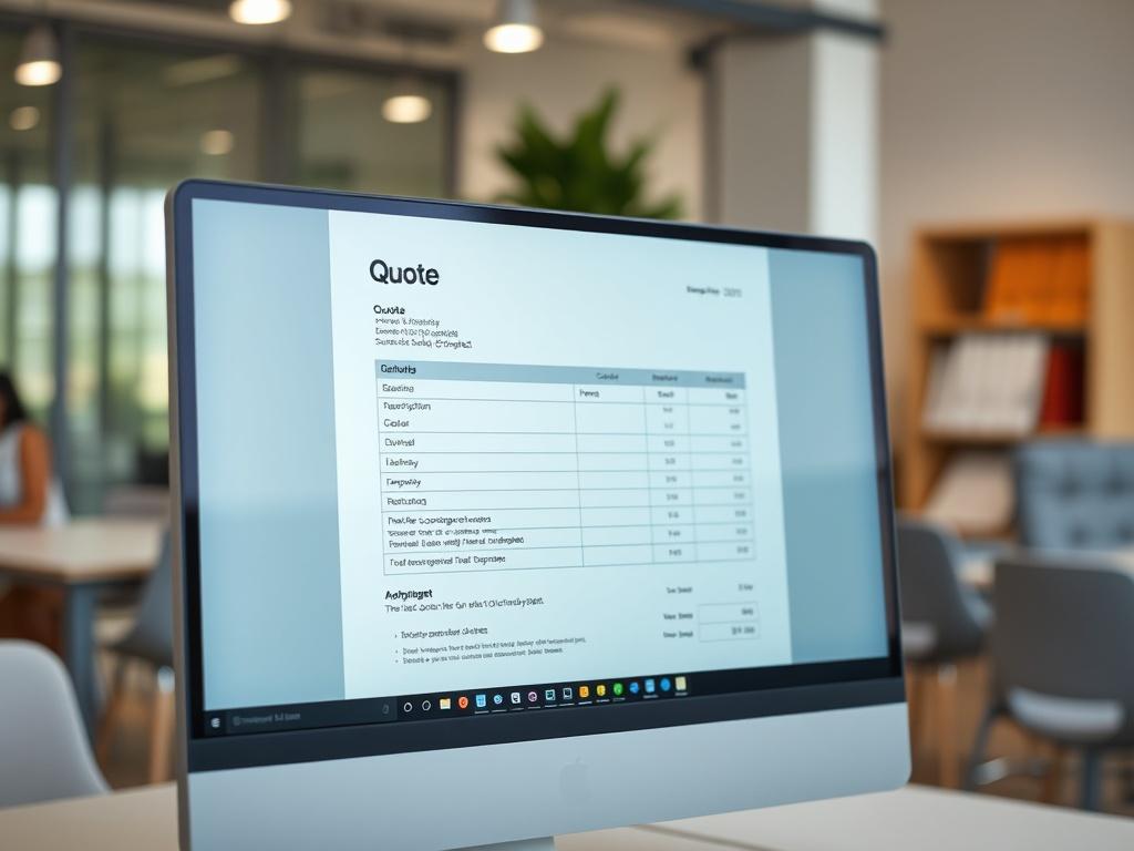 Close-up shot of a digital quote displayed on a computer screen. The screen should show a clear and detailed layout of a quote, with visible sections for item descriptions, quantities, and prices. The background should be a modern office setting with soft, natural lighting, emphasizing a professional atmosphere. The focus should be on the computer screen, showing the quote clearly.