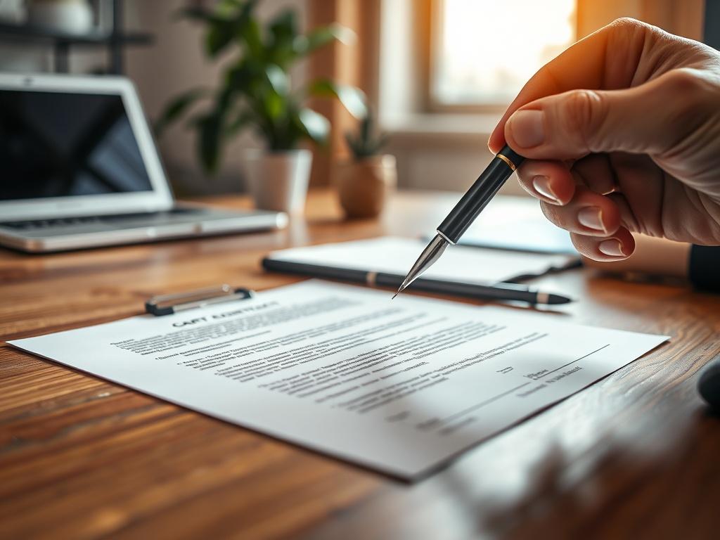 A close-up shot of a hand holding a pen, poised to sign a contract on a wooden desk. The contract is visible with a blurred background of an office environment, featuring a plant and a laptop. The lighting is warm and inviting, showcasing a professional atmosphere.