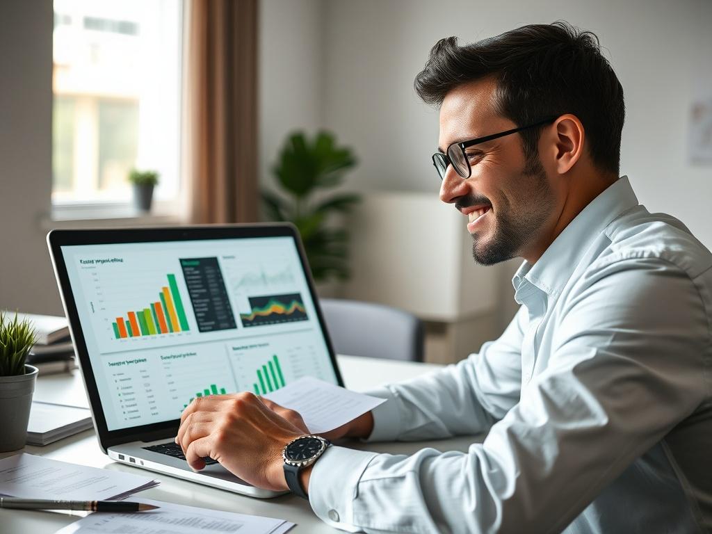 A close-up shot of a person analyzing multiple project offers on a digital device. The setting is a well-lit office space with a clean desk, showcasing documents and a laptop screen displaying colorful graphs and data. The subject is focused, with a slight smile, reflecting satisfaction in finding the right offer. The image should convey professionalism and clarity, with a color palette that includes green tones to align with CondoConnect's branding.