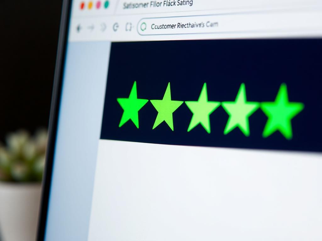 A hyper-realistic close-up shot of a computer screen displaying a website with a five-star rating system. The stars should be clearly visible and glowing in a vibrant green color, representing high ratings. The background should be slightly blurred to emphasize the screen and the star ratings. The scene should convey a sense of satisfaction and quality, focusing on the importance of customer reviews and ratings.
