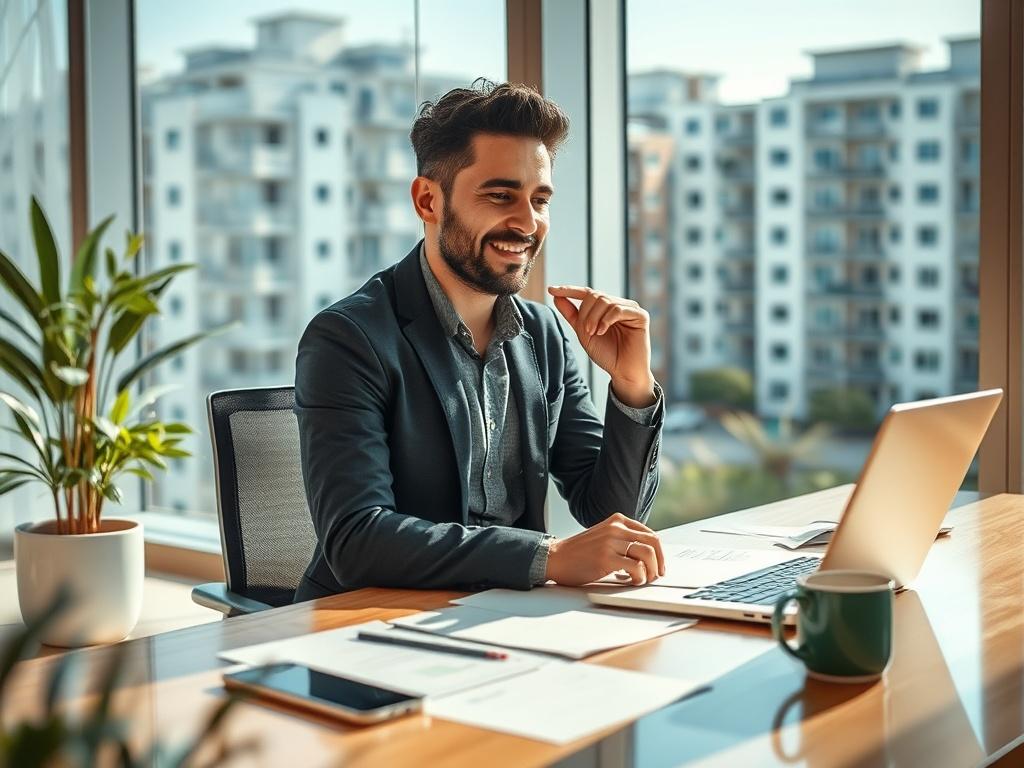 **Prompt for AI Image Generator:**

Create a realistic high-resolution photo that vividly illustrates the theme "Come Scegliere il Fornitore Giusto per il Tuo Condominio." The composition should feature a single, focused subject: a thoughtful condominium manager sitting at a modern desk, reviewing documents and a laptop. The manager should appear engaged and focused, with a slight smile, conveying confidence and professionalism. 

In the background, include a large window with a view of well-maintained cond