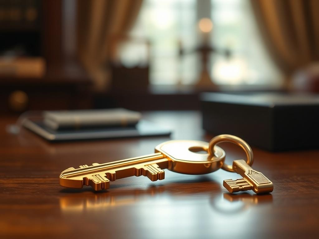 A hyper-realistic close-up shot of a golden key on a luxurious wooden desk, with soft lighting highlighting its shine. The background is blurred to emphasize the key, creating a sense of elegance and exclusivity.