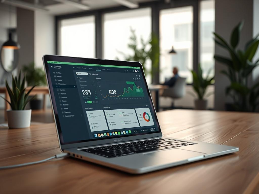 A close-up shot of a modern office workspace, showcasing a laptop displaying a professional project management software interface. The background should be a clean, minimalistic office with natural light, plants, and a contemporary design. The overall color palette should include shades of green to reflect the brand's identity.
