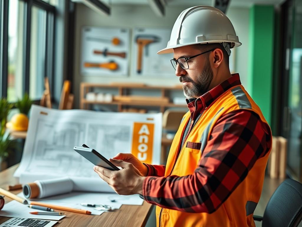 A close-up shot of a contractor reviewing project bids on a tablet in a stylish, modern office. The background should display construction plans and tools, emphasizing the construction industry. The colors should be vibrant yet professional, incorporating green tones.