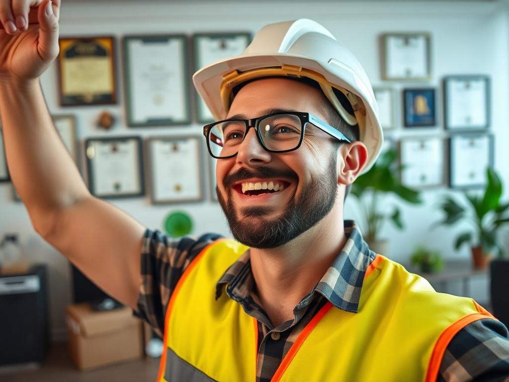 A close-up shot of a successful contractor celebrating a new project win in a modern, bright office. The background should be engaging, featuring awards and certificates on the wall, symbolizing success in the industry. The color scheme should include green elements for brand alignment.