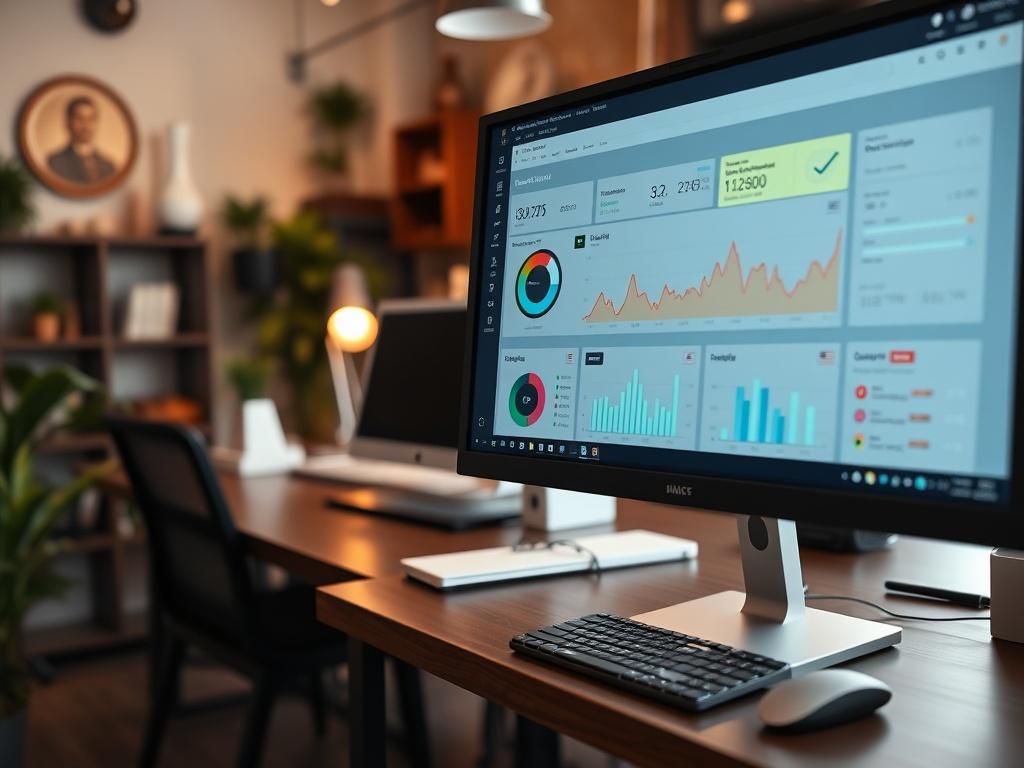 A realistic high-resolution image of a close-up of a computer screen showing a user-friendly custom dashboard with colorful charts and notifications. The background should feature a cozy office environment, highlighting a productive workspace.