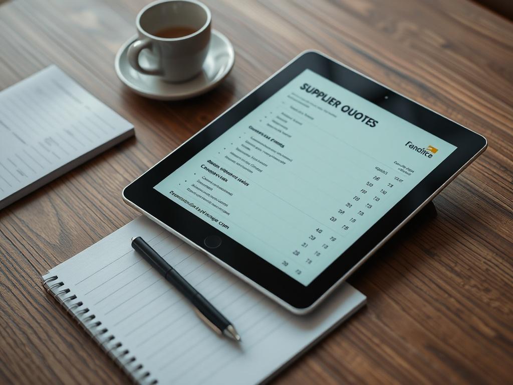 A realistic high-resolution image of a tablet displaying a list of supplier quotes alongside a pen and notepad on a wooden table. The atmosphere should convey a sense of professionalism and efficiency in the decision-making process.