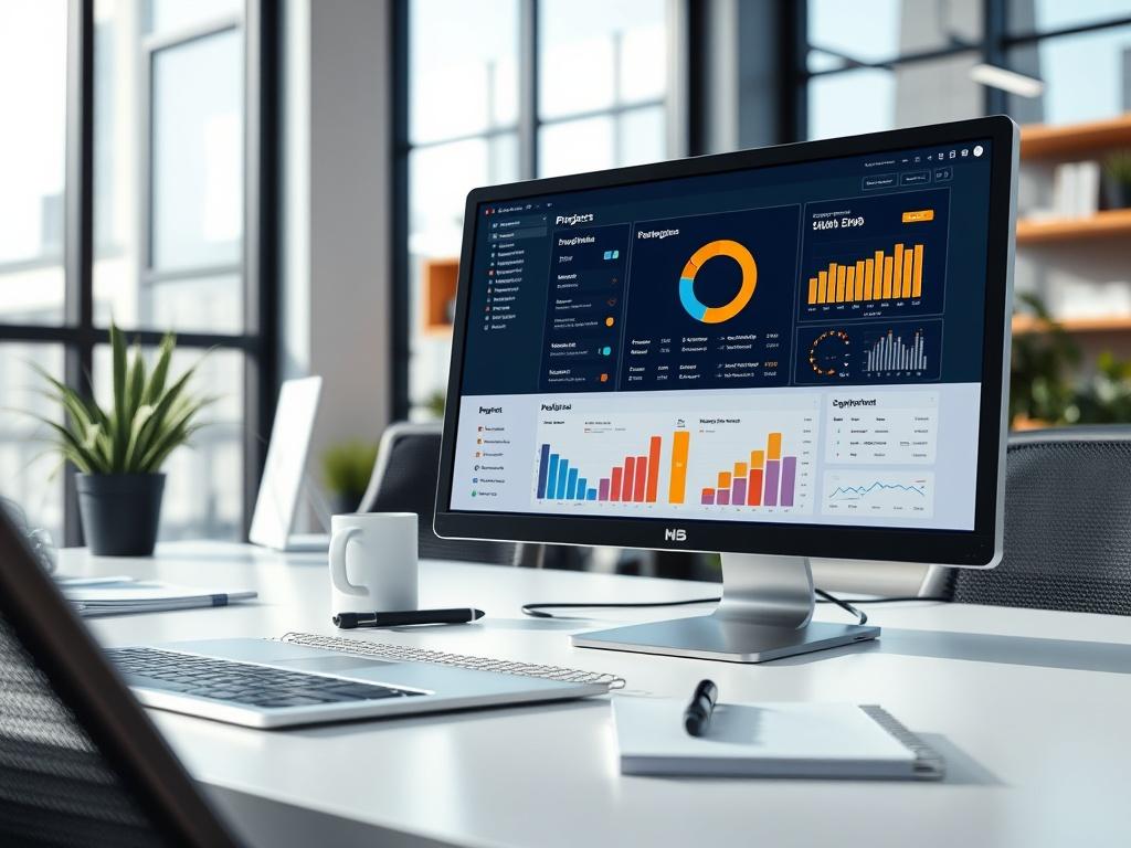 A realistic high-resolution image of a modern office workspace with a computer displaying a project management dashboard, featuring graphs and progress bars. The setting should be bright and inviting, with a clean desk and a notepad, illustrating the concept of project management in a proptech environment.
